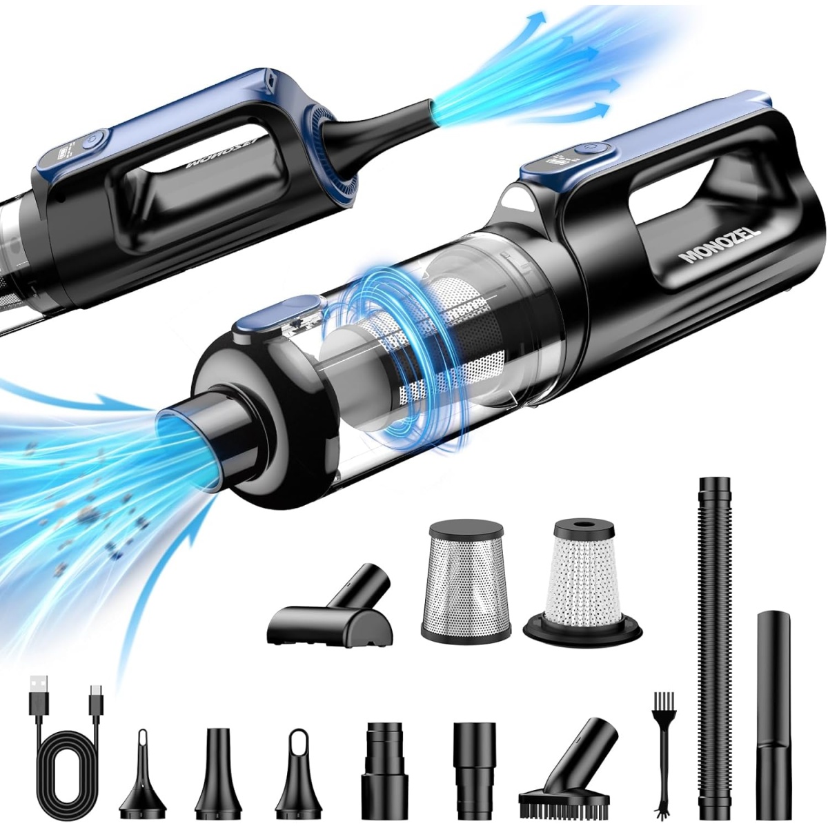 MONOZEL Air Duster & Car Vacuum, 18000Pa 2 in 1 Portable Cordless Car Vacuum Cleaner with Brushless Motor, 7800mAh Handheld Vacuum with Multi-Nozzles for Car/Home/Office, Black